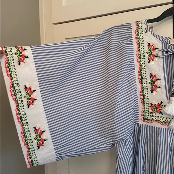 TORY BURCH STRIPED EMBROIDERED COTTON BEACH COVER-UP. - Picture 3 of 6